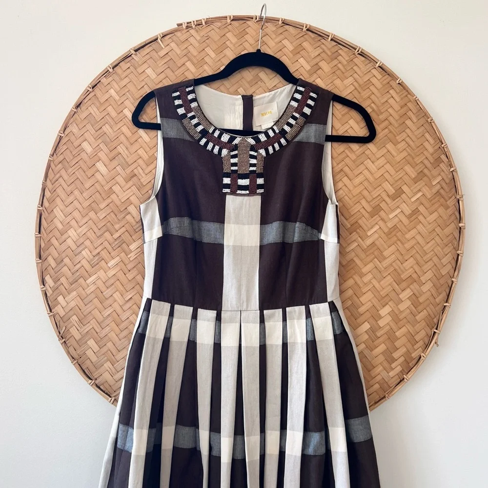 ANTHROPOLOGIE MAEVE BROWN PLEATED FIT & FLARE BEADED NECKLINE IVY‎ LEAGUE DRESS - Picture 6 of 15